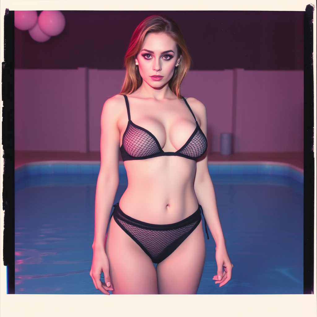 old polaroid photo with heavy vignetting and pink and blue artistic studio lighting color tint and light leak, depicting a sexy curvy thicc pale white alt goth girl with eye makeup, wearing a tiny revealing black see thru mesh two piece bikini gstring thong with a small outline of her labia visible, standing in a pool