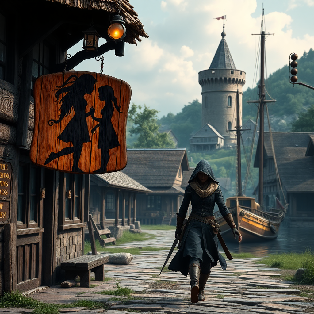 A wide distance shot of a female thief in a pastoral fantasy town. Mage tower in the background. She is fleeing from someone. Bar called "The Fetching Twins" wooden sign (consisting of a silhouette of two women leaning together for a kiss). Village of Dryden, dock with a run-down ship.