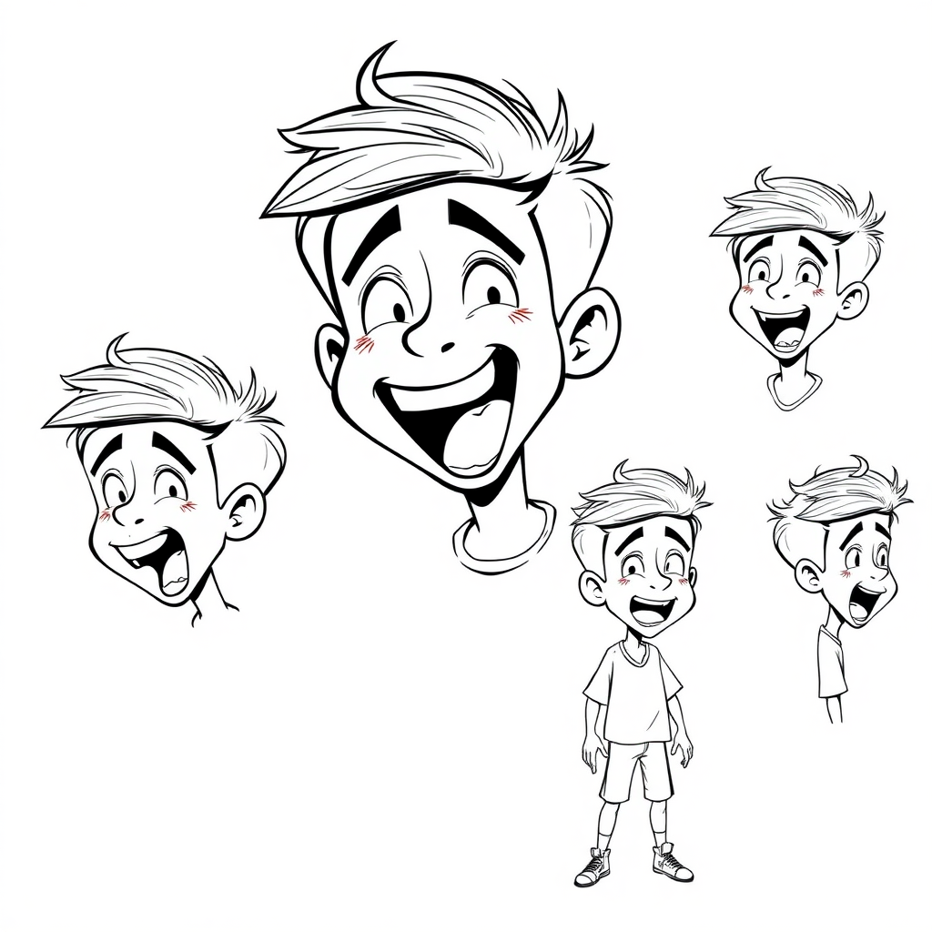 multiple views with progression, character design sheet, short, excited, smiling, ecstatic, open mouth, sweating, 15 year old european boy, drooling, detailed features, long establishing shot, 2D, caricature, cartoon, Sketch lines, coloring book, coloring book style on white background, well composed, clean coloring book page, No dither, no gradient, strong outline, No fill, No solids, vector illustration, side view, vector illustration, empty space around each view, movement lines