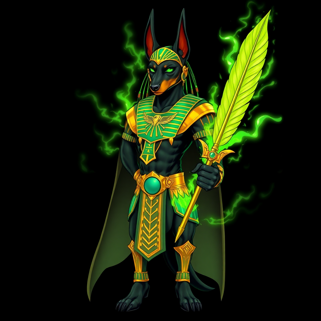 (Anime-styled art) Black background, An imposing, humanoid Doberman with jet-black fur stands tall, clad in intricate golden-green Egyptian armor. He is Anubis, exuding an aura of power and command. In his left hand, he grips a golden, feathered wand spear adorned with ancient Egyptian symbols unique point ANKH, while vibrant green flames swirl around him, crackling with magic. His piercing eyes blaze with the same green fire, casting an intense glow. The full-body view reveals every detail of his regal from legs, godlike presence, surrounded by a supernatural energy that radiates from his form.