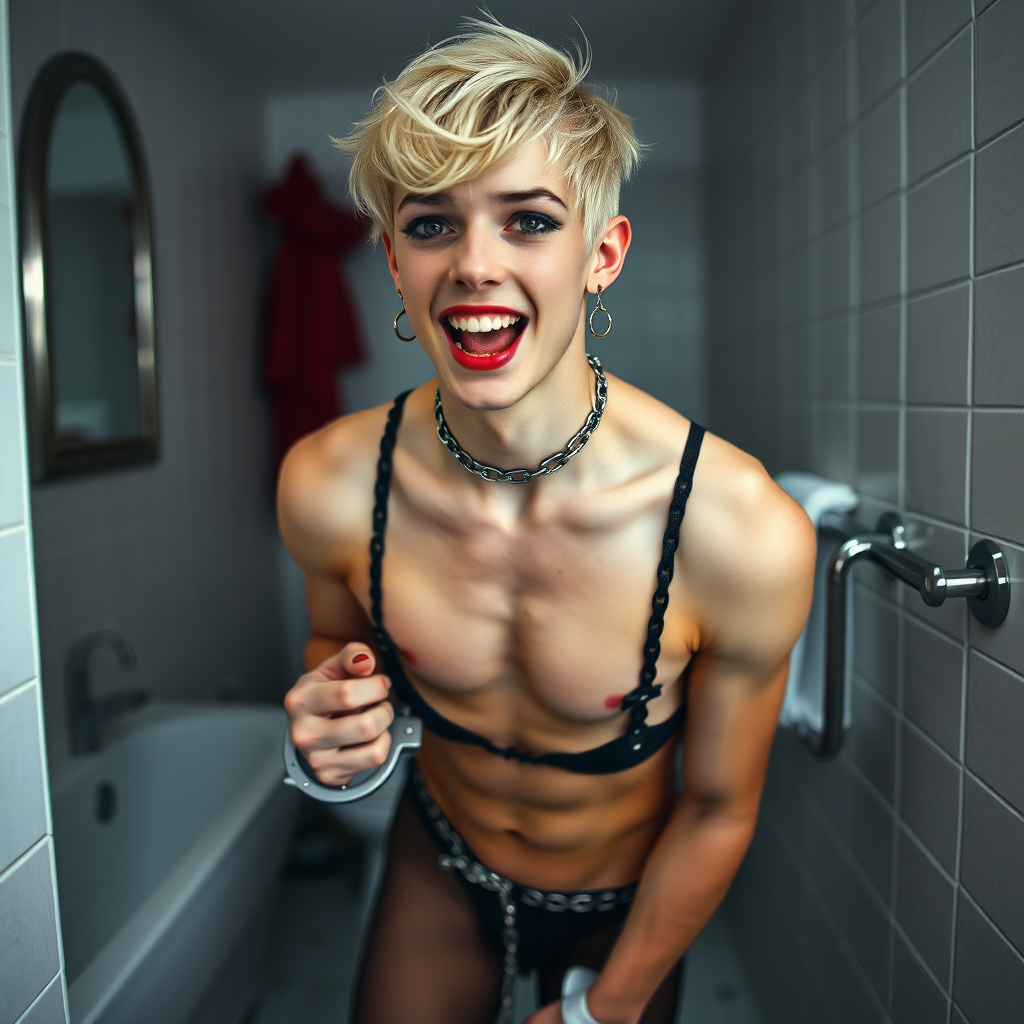 photorealistic, ultra high resolution, 16K, surreal fantasy, studio lighting, a pretty 16 year old goth boy, slim male physique, short blonde hair, goth makeup, earrings, spiky chain and leash, handcuffs, trainer-bra, pantyhose, white ballet shoes, in the bathroom, excited open mouth smile, facing the camera,