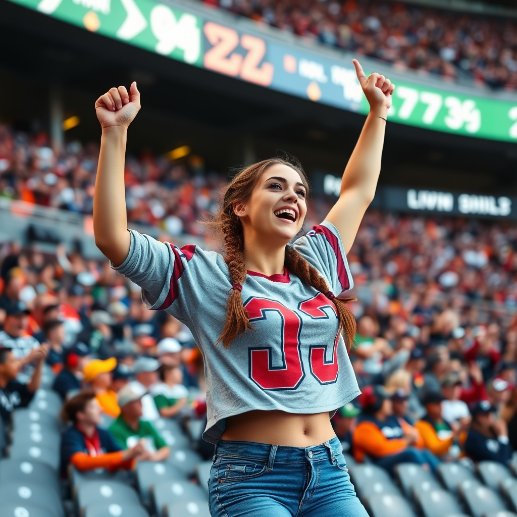 Attractive female NFL fan, pigtail hair, arms raised, she is hollering, jumping in the bleachers, crowded, NFL stadium