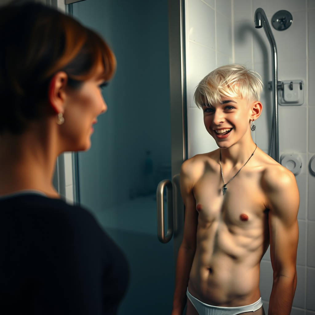 photorealistic, ultra high resolution, 16K, surreal fantasy, studio lighting, a 35 year old mother who is fully dressed for work is watching her pretty 14 year old goth son, slim male physique, short blonde hair, goth makeup, earrings, pantyhose, white ballet shoes, in the bathroom, excited smile, facing the camera.