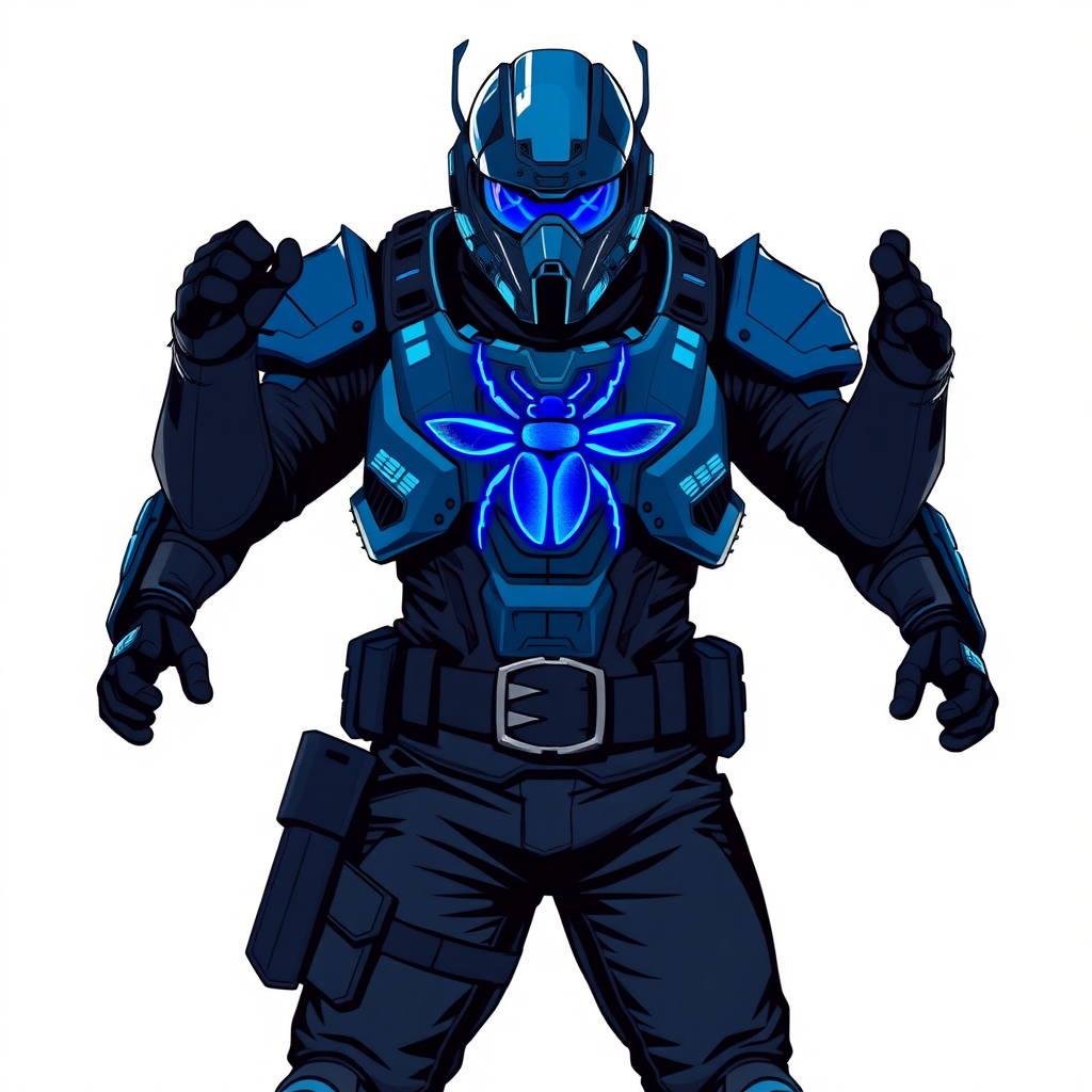 A 28-year-old cyberpunk vigilante stands heroically, clad in hi-tech, maximum blue tactical armor featuring a neon blue beetle on the chest. He wears black biker pants, a black belt with a sapphire beetle buckle, and a helmet resembling a sleek, tactical design, but colored maximum blue with neon blue lenses. Their hands are protected by black hi-tech gloves, all set against a solid white background. He is drawn as if he was in a retro 2D cyberpunk fighting game.