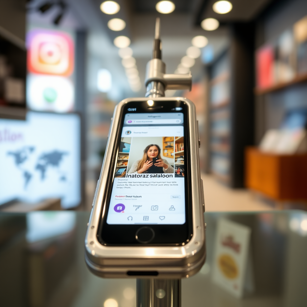 A close-up front view of a mobile phone in the shape inspired by a syringe, metallic futuristic, kept for sale, in a showroom, metallic body, touchscreen phone with Instagram page open on screen, needle on top, whitepunk.