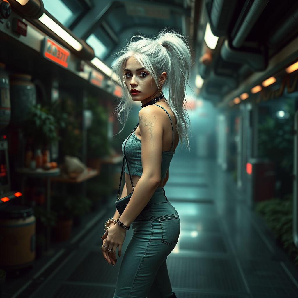 A full body shot of pretty girl like (Ana de Armas). Pale, freckles, eyeliner, messy long white hair in a ponytail. Crop top, cyberpunk 2077, space station, crop terrarium, high heel ankle boots, collar, purse and jewelry. Lips slightly parted. Photorealistic digital matte painting, soft focus, film grain, lens flare. She is walking away from the camera.