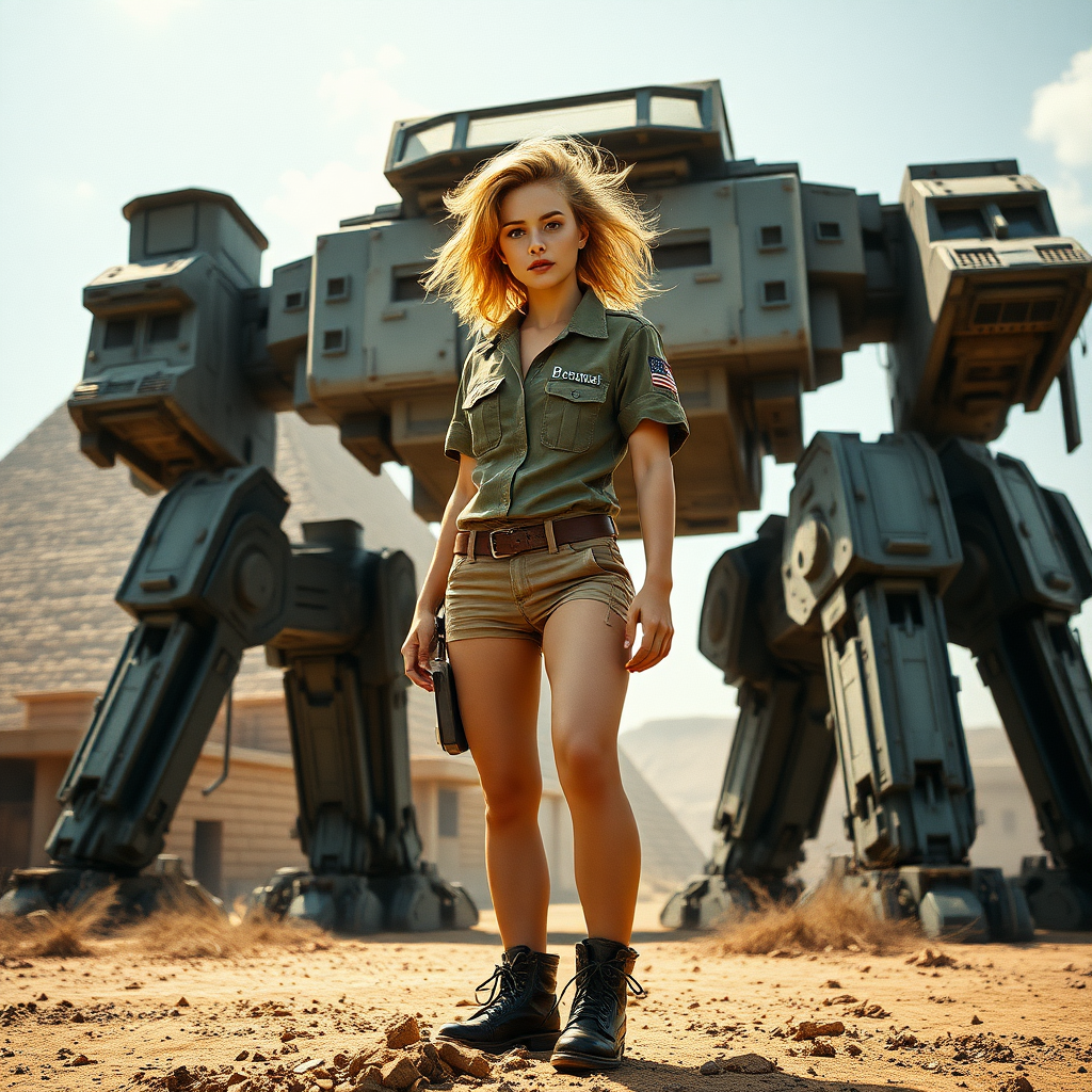 A full body shot of a pretty twenty-something female with a face resembling (ana de armas). strawberry blonde messy shoulder length hair tussled by wind. military outfit, "Benaenae" badge on the breast pocket, long legs, battlefield outside fortified pyramid bunker, standing on the foot of a battletech giant mech twice the height of buildings, Hyper-realistic, Photorealistic digital matte painting, soft focus, film grain, lens flare. gritty, dirty, scuffed.