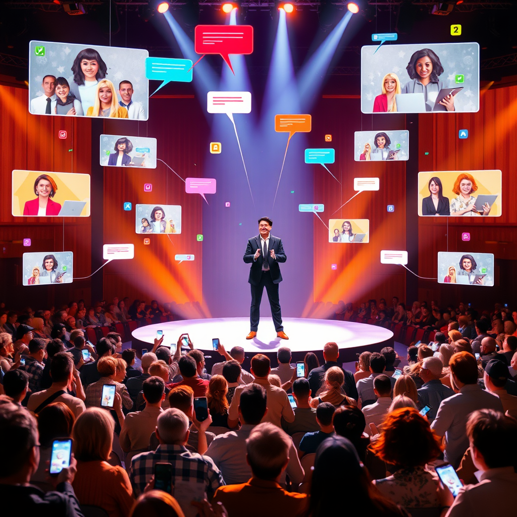 An image of a charismatic host standing on a brightly lit stage, engaging with both a live audience and virtual attendees. In front of the stage, a diverse crowd of in-person attendees sits in an auditorium, some holding up glowing smartphones and tablets. Surrounding the stage, floating holographic screens display faces of virtual participants tuning in from around the world. Colorful speech bubbles and chat icons emanate from both the physical audience and the virtual screens, all directed towards the host, symbolizing live comments and interactions converging towards the center.