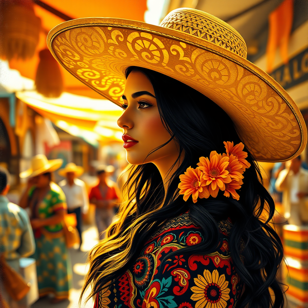 In a sunlit Mexican marketplace, a young woman stands gracefully, her vibrant attire adorned with intricate patterns that reflect the rich cultural heritage of her homeland. Above her, a wide-brimmed sombrero casts a soft, dappled shadow over her face and shoulders, framing her delicate features while emphasizing the warmth of the day. The scene captures a moment of serene beauty, rendered in a lavish style reminiscent of Gustav Klimt, where golden hues and ornate details swirl around her figure.

The artwork merges the elegant lines of art deco with the fragmented perspectives of cubism, creating a dynamic interplay of shapes and colors that dance across the canvas. The young woman’s dark hair cascades over her shoulders in flowing waves, interwoven with bright marigold flowers that add a pop of sunshine to the scene. Surrounding her, the market bustles with life, as hints of lively music and the distant laughter of children fill the air, each sound layering over the other like brushstrokes in a masterpiece.

Rendered in stunning 8k resolution as concept art, this piece embodies the spirit of splash art and neo-impressionism, with expressive splatters of color that evoke a sense of movement and vitality. The canvas, thick with layers of textured acrylic paint, showcases the artist's skill in smooth post-impressionist impasto techniques, making the colors pulse and vibrate with energy. Overall, the artwork captures not just the image of the woman, but the very essence of a vibrant culture that celebrates life, joy, and artistic expression.