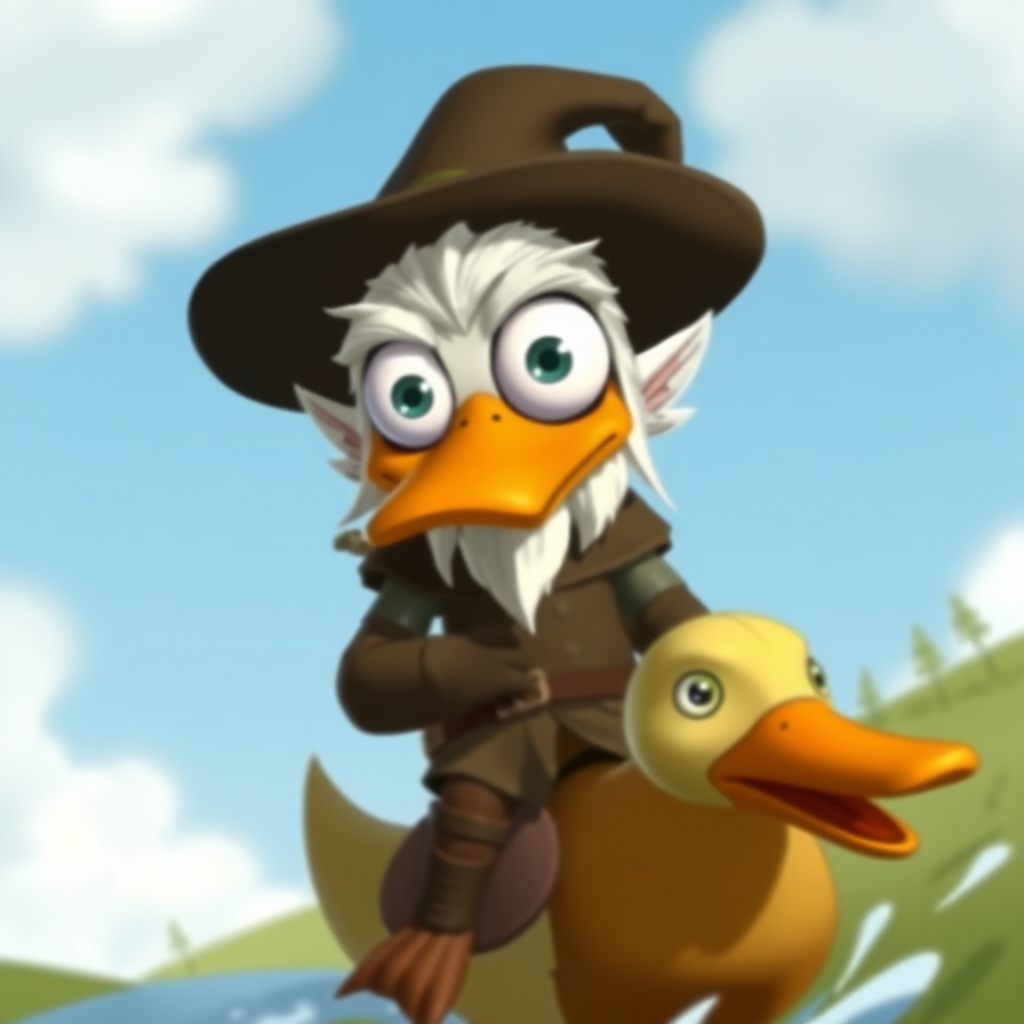 Geralt of Rivia with huge eyes riding a duck