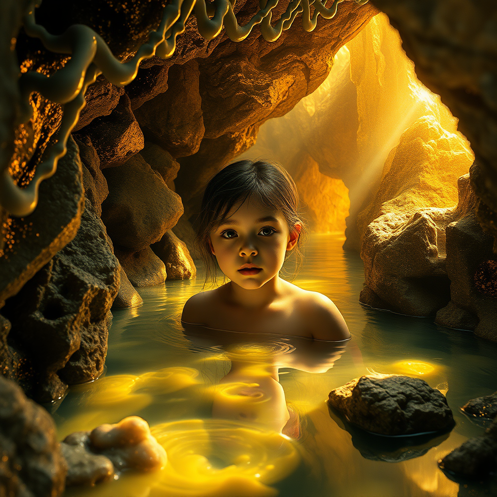 a young girl in a flooded cave, bjd, high quality photo, intricate environment, ultra-detailed, impressionistic, dynamic composition, artistic photograph, geode, alabaster, gold, fractal, intense colors, glittering, sunlight, illumination, transparency, mandelbulb