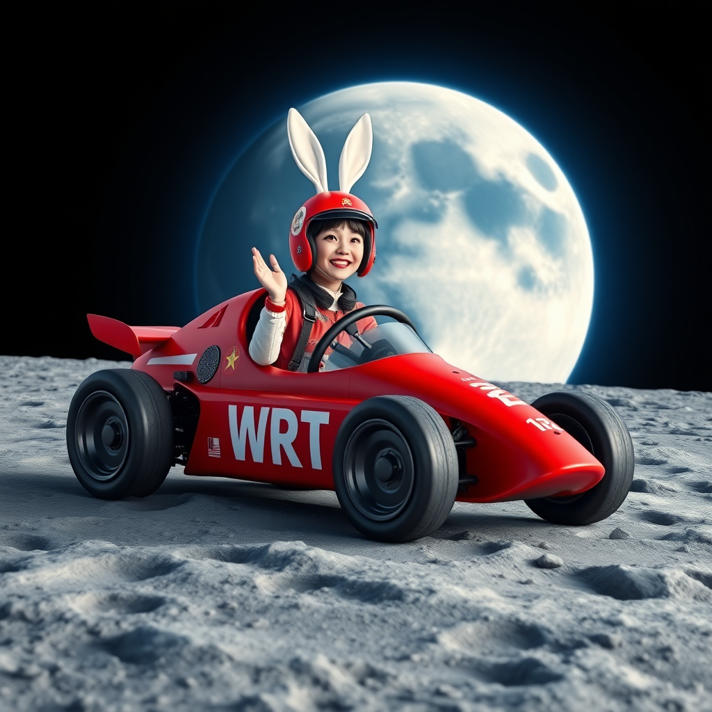 On the surface of the Moon with many craters, there is a red lunar racing car with "WRT" written on it. A beautiful Chinese female racer, wearing a racing helmet with white rabbit ears standing upright on it, is laughing and waving one hand while gripping the steering wheel tightly with the other. The background features the huge blue Earth.