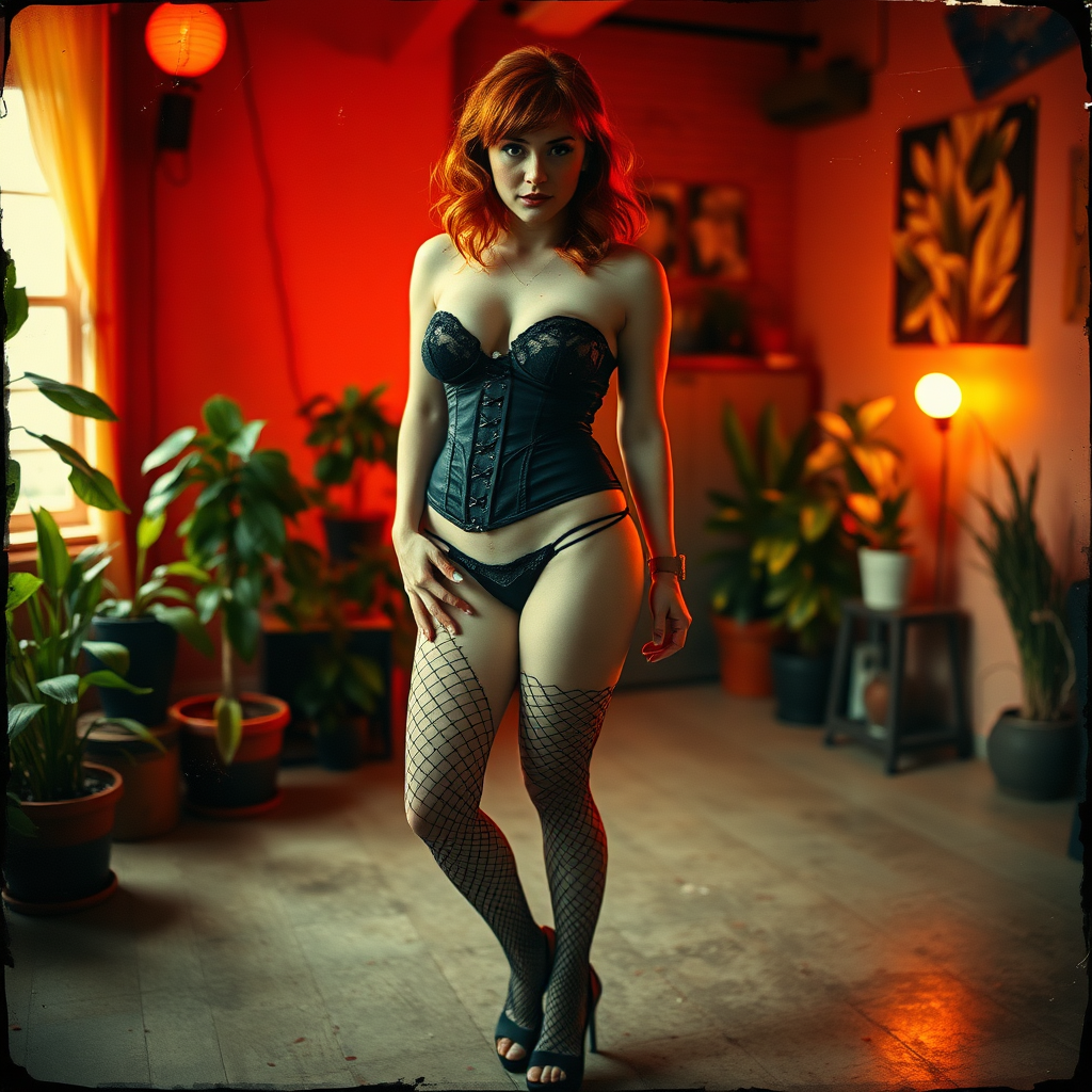 Scan of old photograph with visible wear and heavy vignetting and cracking with color tint and light leak depicting a sexy curvy thicc alt goth girl with red hair and freckles wearing a garter belt and high heels with revealing black fishnet corset, and thong standing facing the viewer in a photography studio with artistic lighting filled with plants