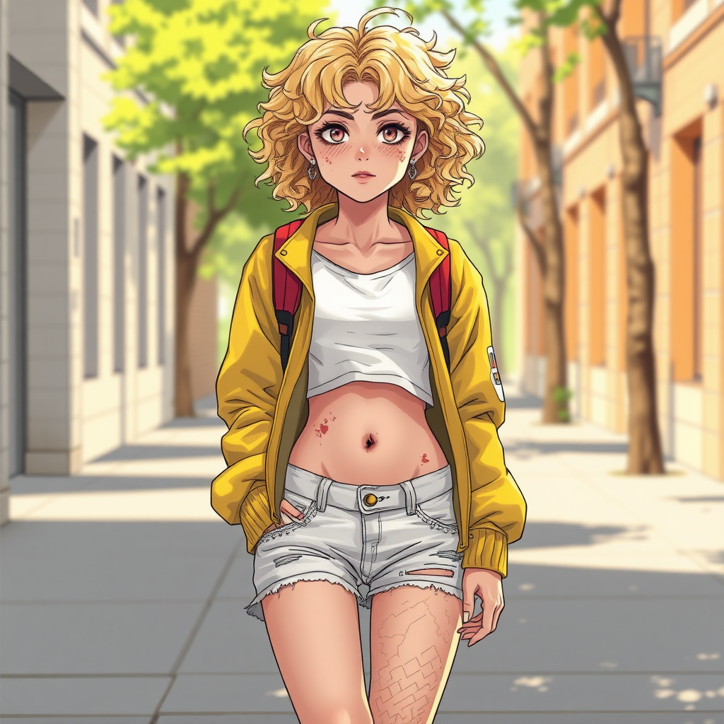 Realistic drawing style image, Extremely good quality 8k resolution drawn manga image of a 15 year old petite and short tomboy girl with golden blonde curly hair with mixed and different colored eyes for each eye and moles on her entire body and is a white American girl, Has on a Gold Jacket over a white extremely short crop top only covering her breasts and nothing more with a design on it, and has on ripped shorts and cool looking sneakers and a deep and big knife cut wound on her stomach from a huge injury she had, with a bright color backpack, ear piercings on, walking on the street to school in the morning with the beautiful sunlight lighting up her body beautifully with no tattoos.