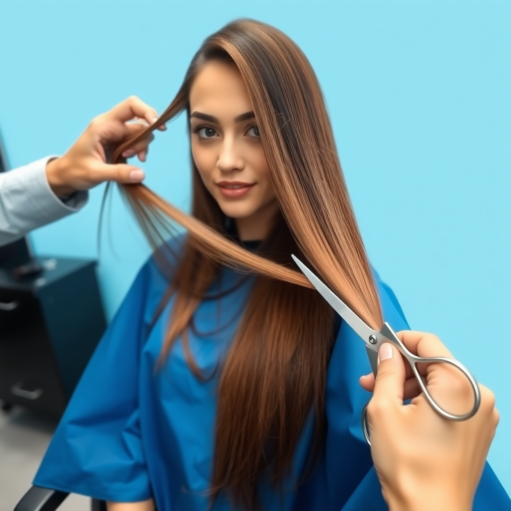 POV, A beautiful woman sitting in a hair salon wearing a blue salon cape, looking at the camera. Her very long hair meticulously fanned out. I'm grabbing a lock of her hair with one hand and prepare to cut it with scissors held in the other hand. Plain light blue background.