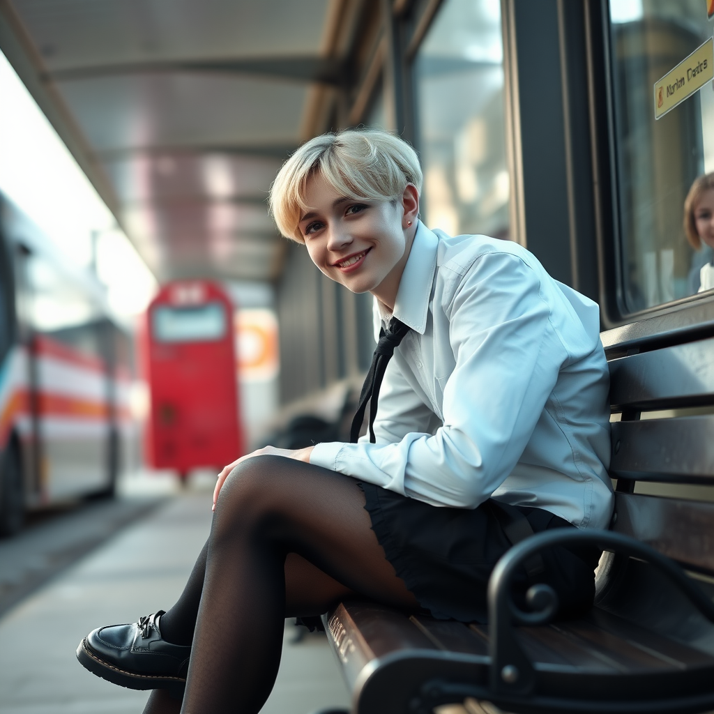 photorealistic, ultra high resolution, 16K, surreal fantasy, soft studio lighting, a pretty 18 year old goth male, slim male physique, short blonde hair, goth makeup, earrings, shiny black pantyhose, UK girls-school uniform, Mary-Jane shoes, sitting on a bench waiting for the school bus, in daylight, excited smile, facing the camera.