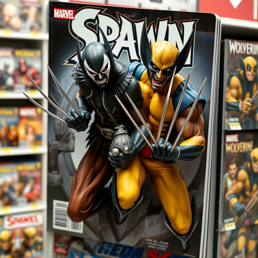 Jumping out of a Comic book cover on a store shelf is Spawn and Wolverine with his perfectly razor sharp claws in Cinematic Real3D photo-realistic quality.