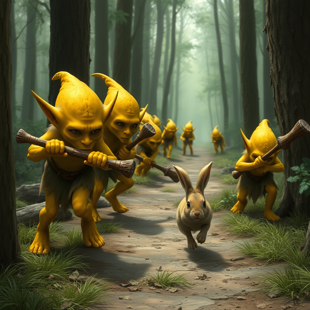 A realistic picture of several yellow goblins with wooden clubs looking at and chasing after a fleeing bunny along a forest path.