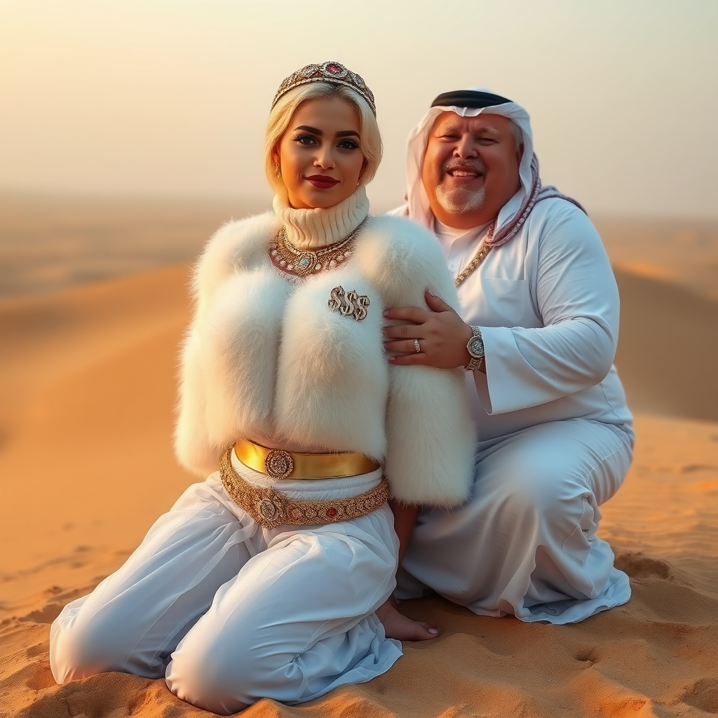 Kuwait desert dunes misty dawn: Melissa, European 17 years old very convincing femboy “trophy-bimbo”, tamed servile docile, very beautiful feminine flawless face, rather short boyish figure, platinum blond short tight curls, bold red lips, heavily made-up face, wearing Supertanya-style fluffy very fuzzy bright white angora turtleneck-poncho cropped ending under bust decorated with pearls and gemstones, striking oriental wide gold bridal protection belt, white fully transparent harem pants, full Oriental bridal jewelry with striking headpiece, full Oriental face-jewelry, striking diamond “$$$” letter brooch on left chest, pout frustrated, hands tied behind back, kneeling in sand, looking at camera. Focus on face and turtleneck-poncho. Sitting next embracing Melissa: older overweight mighty sheik laughing.