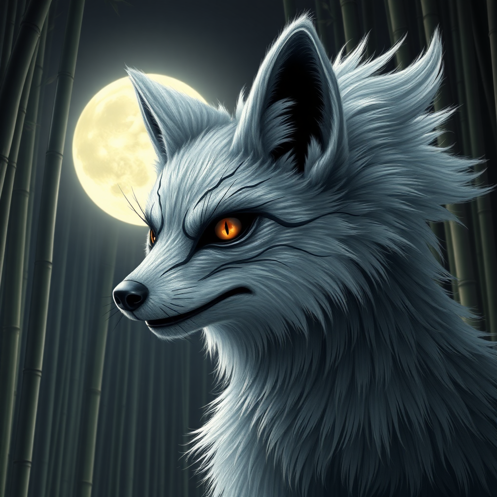 a scary look silver nine-tail-fox with the face of a Korean woman, in front the full moon in a bamboo forest