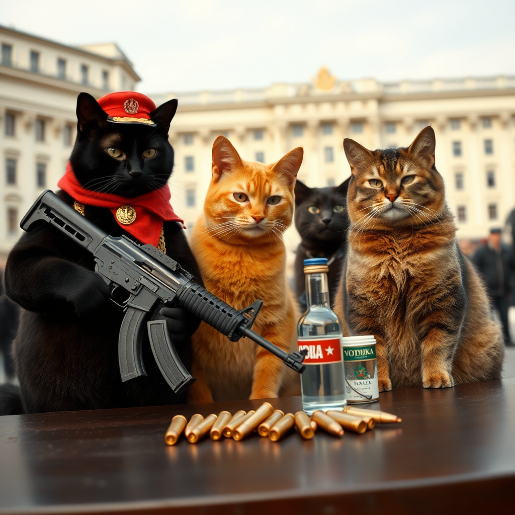 4 cat-men in a large square, a black one holding an AK-47, an orange one with a Russian military cap, a dark brown one and a light brown one, USSR communists with VODKA, behind a table with bullet casings on it (film photo style).