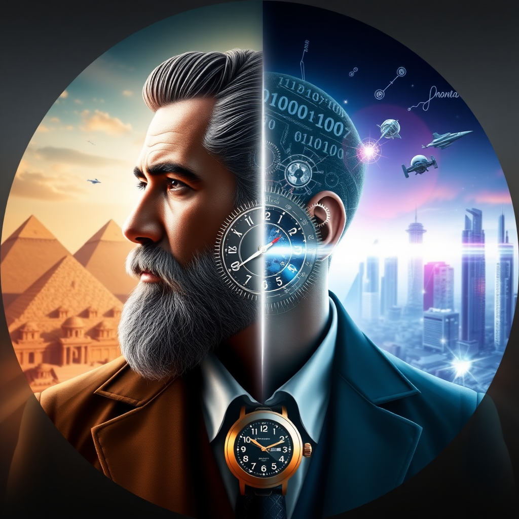 Create a dynamic and symbolic profile picture with the following characteristics:

1. Main theme: A time traveler between eras
2. Style: Realism mixed with fantastic elements
3. Composition: Circular, optimized for profile image (800x800 pixels recommended)
4. Central element:
   - Profile face of a time traveler, occupying 2/3 of the image
   - Left half of the face: ancient appearance (beard, period hairstyle)
   - Right half of the face: futuristic appearance (subtle cybernetic implants)
5. Divided background:
   - Left side: landscape of an ancient civilization (pyramids, temples)
   - Right side: futuristic landscape (holographic skyscrapers, spaceships)
6. Floating elements:
   - Around the face: symbols from different eras (hieroglyphs, binary code, equations)
   - Small gears and integrated circuits floating
7. Visual effects:
   - A bright line dividing the face and background, symbolizing the time portal
   - Light particles flowing along this line
8. Traveler's attire:
   - Neck and shoulders visible, mixing ancient clothing and futuristic suit
9. Color palette:
   - Warm tones (ochres, golds) for the ancient part
   - Cool tones (blues, violets) for the futuristic part
   - Bright white for the dividing line and light effects
10. Facial expression:
    - Intense and thoughtful gaze, looking slightly upwards
    - Suggests wisdom and wonder at the time journey
11. Additional details:
    - An antique clock and a holographic watch merging at the neck of the attire
    - Reflections of past and future eras in the visible eye
12. Lighting:
    - Contrast between warm light (ancient side) and cool light (futuristic side)
    - Soft glow emanating from the temporal dividing line
13. Texture:
    - Detailed skin with subtle wrinkles on the ancient side
    - Smooth and slightly metallic surface on the futuristic side

Make sure the image has a high level of detail and sharpness, keeping all elements visible even when displayed at a reduced size. The composition should be balanced, with the face of the traveler as a clear focal point and background elements complementing without distracting.