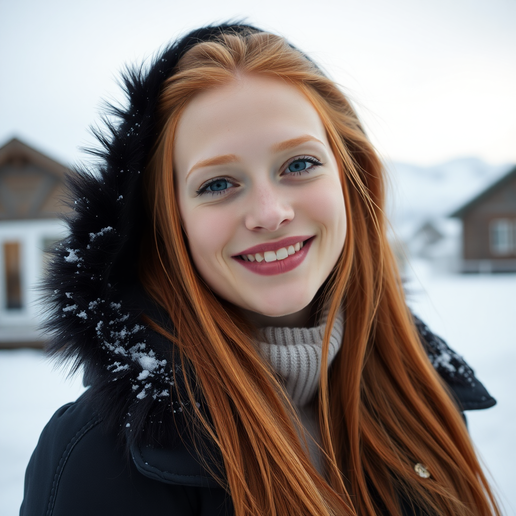 beautiful young elegant woman with ginger long hair, full lips, pale skin, on Alaska Anchorage happy in the snow