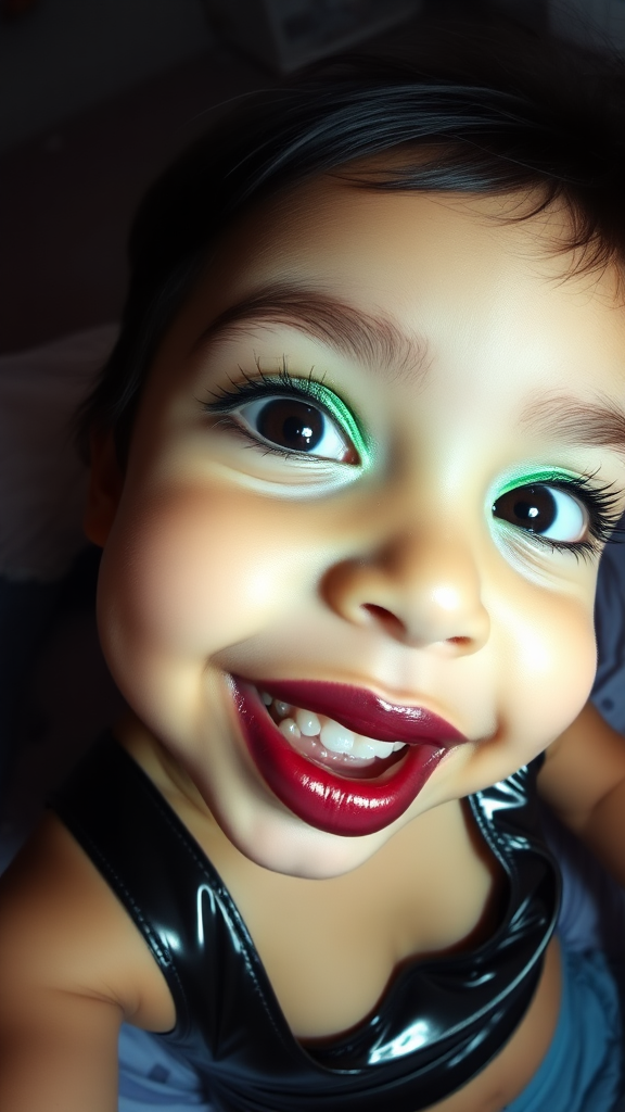 four-year-old-latina-female-child that has extremely big lips.
She is wearing intense-green-glitter-eyeshadow, thick-winged-eyeliner with very-dramatic-eyeliner-wings, and dark-burgundy-glossy-lipstick.
She is wearing a tight-glossy-latex-sleeveless-crop.
She is happy.
Fish-eye-lens, laying in a dark motel room, amateur flash photography.