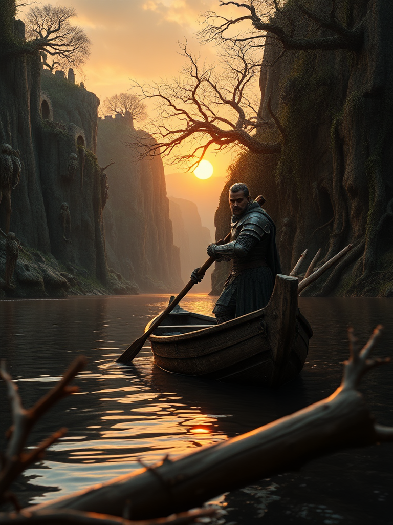 A photorealistic epic cinematic film still of a knight, his armor dented and bloodied, leaning against a rough-hewn wooden oar in a small, battered boat. The boat is adrift on a river, the water a dark mirror reflecting the fiery sunset. The river winds between towering cliffs, their faces scarred with overgrown ruins and draped in thick vines. Trees gnarled with age cling to the cliffs, their branches heavy with hanging skeletons and weathered warrior armor. The ruins are a testament to a past war, and the air hangs heavy with the scent of decay. Zombie knights, their bodies wracked with dark green mystical energy, can be seen lurking in the shadows of the cliffs. The sun, a fiery orb, hangs low on the horizon, casting long shadows across the scene as the river slowly spills out into the ocean beyond the cliffs. There is a sense of epic struggle and the weight of history in the air. some foreground dead logs and twigs foliage out of focus