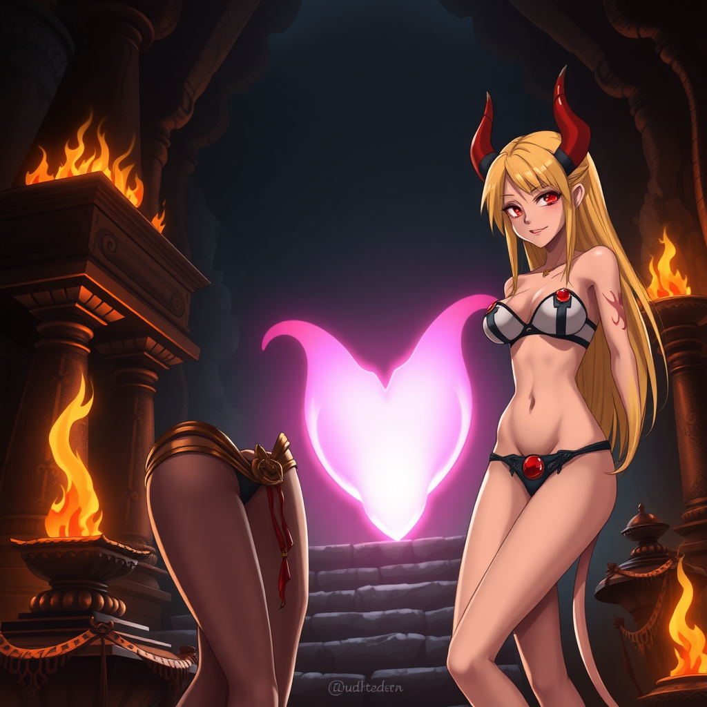 Anime, ancient-sex temple with burning-torches, 2 mischievous tall-slender demon women right next to you, short blond hair, wearing sexy-micro bikini-bra-like clothing, 1 of them has long-blond hair and is wearing no bra but-red-gem tit covering her naked breast, red-lips, g-string, Womb tattoo on belly, mischievous smile, large breasts, full body, long legs, near them is a vulva-shaped pink portal