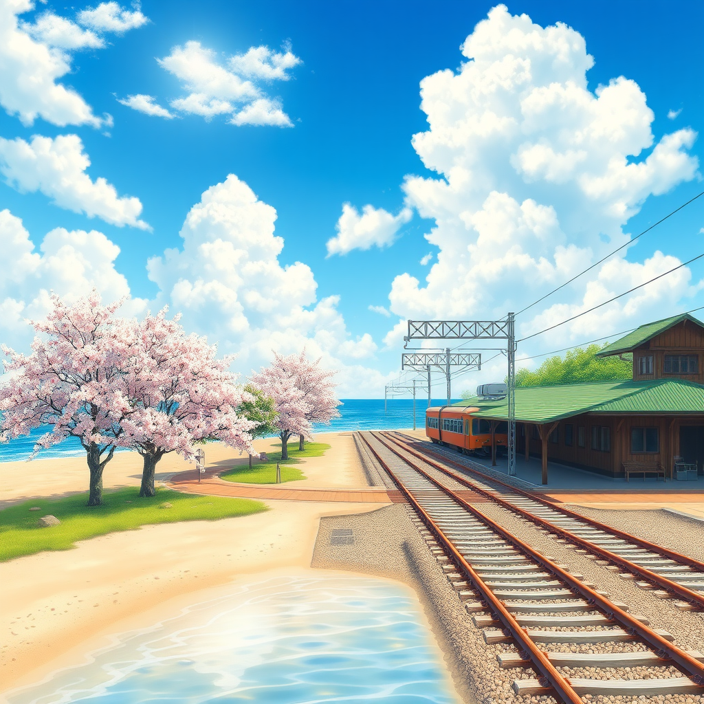 Beautiful pastel background wallpaper, blue sky, clouds, sunshine, ocean, beach, train, railroad crossing, old train station, detailed trees, cherry blossoms, detailed background, 8k, details, ultra realistic, pastelbg, clear water, water way,