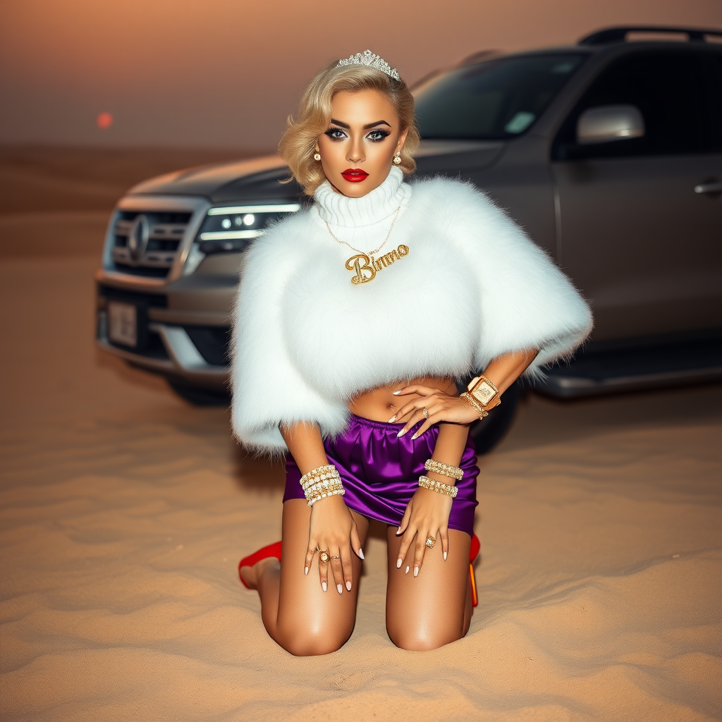 Kuwait desert dunes misty dawn, full size luxury SUV: Melissa, European 17 years old very convincing femboy “trophy-bimbo”, tamed servile docile, very beautiful feminine flawless face, rather short, by hormones very curvaceous womanly figured, platinum blond short tight curls, bold red lips, long white French nails, heavily made-up face, wearing Supertanya-style fluffy very fuzzy bright white angora turtleneck-poncho cropped ending under bust decorated with pearls and glass stones, very tight purple vinyl mini pleated skirt, bright red pumps with golden very high heels, white pearl belly piercing, full Oriental bridal jewelry including headpiece, nose-ring, coin wristlets, coin anklets, striking diamond “Bimbo” letter brooch on left chest, thick heavy pearl wristlets, pearl anklets, pout frustrated, kneeling in sand in front of SUV, looking at camera. Focus on face and turtleneck-poncho.