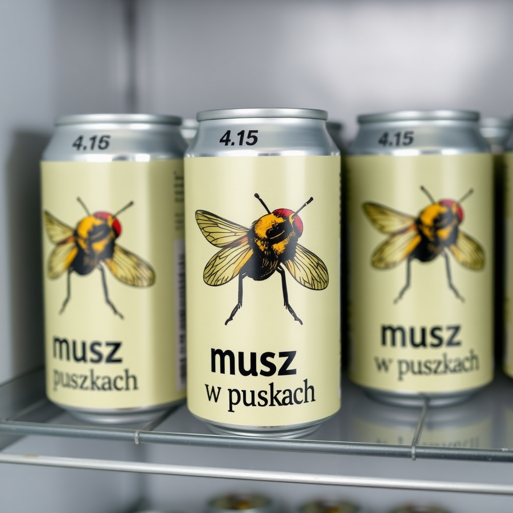 a small shelf with cans that have an image of a house fly on the label and text saying "musz w puszkach"