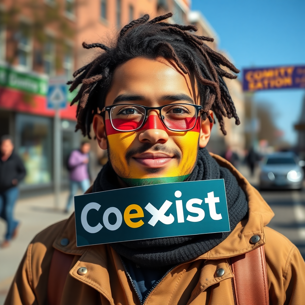 create a photo realistic image of a person who represents the coexist bumper sticker