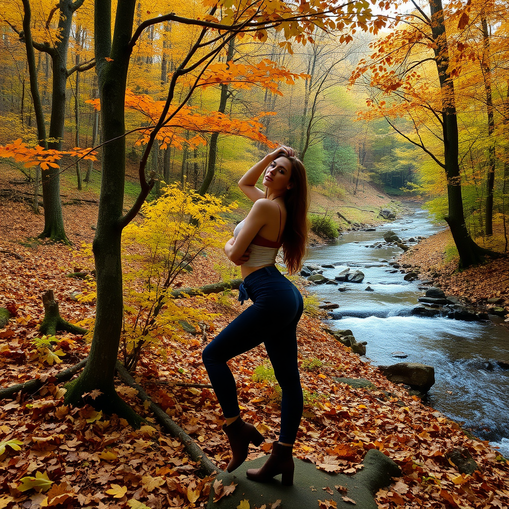 Autumn with foliage in the forest with a river, with a model in pose.