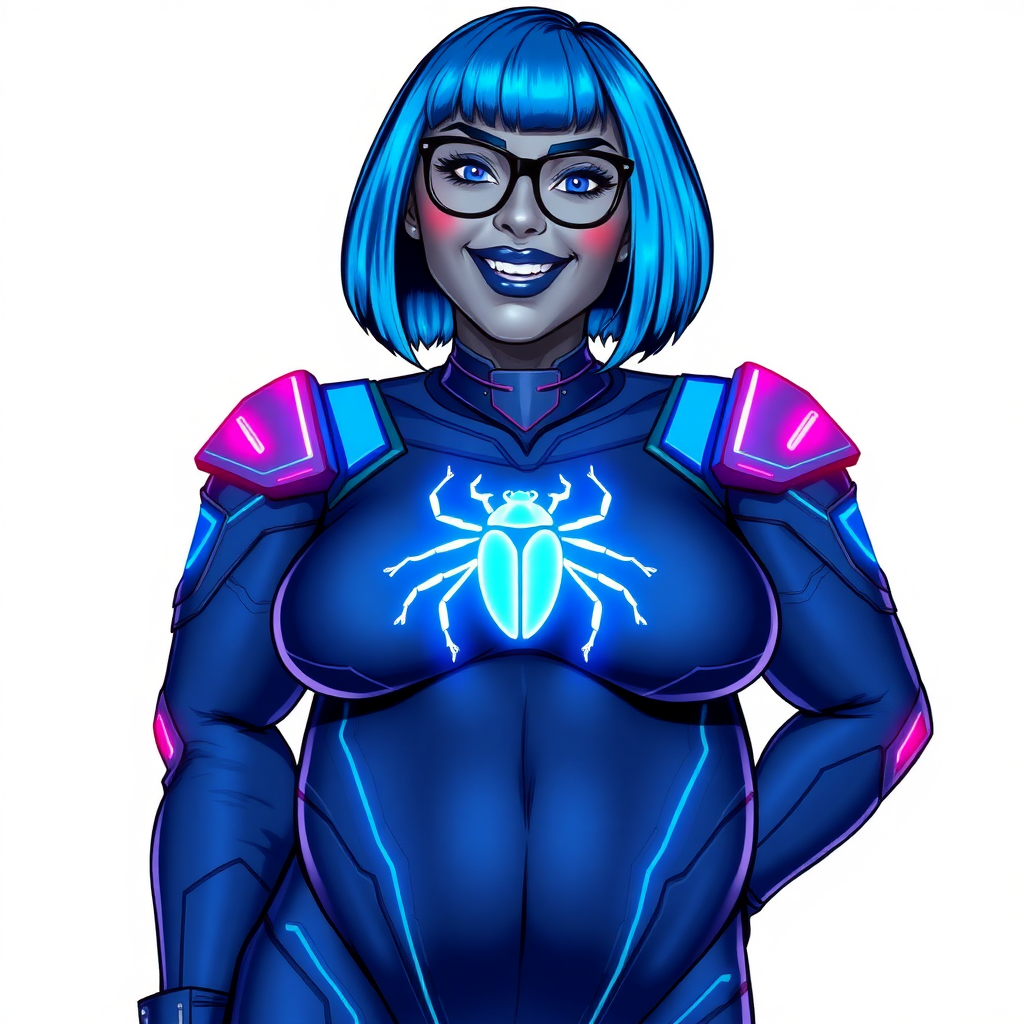 A 28-year-old, full-figured, middle gray metal skinned computer program-human hybrid with a maximum blue bob cut. She is the digital sidekick, computer hacker, and nerdy girlfriend of her cyberpunk vigilante boyfriend. Her middle gray metallic skin, distinct from any other character, highlights her digital nature. She wears maximum blue lipstick and has bright blue eyes. Her outfit includes a maximum blue full bodysuit with neon blue glowing beetle-themed accents completed by a neon blue glowing chest icon of a beetle. Black eyeglasses accentuate her nerdiness, and she has a lovestruck smile with neon red blush. Her full figure, including a prominent, gargantuan, round midsection (with the full emphasis on her gargantuan belly), gigantic limbs, and broad shoulders, reflects the doting care of her vigilante boyfriend. The background is solid white. She is drawn as if she was in a retro 2D cyberpunk fighting game. Ensure her bodysuit covers all her bare skin (especially her round gargantuan belly). Her bodysuit is influenced by DC's superheroine Jennifer Knight Phantom Lady but remains distinct.