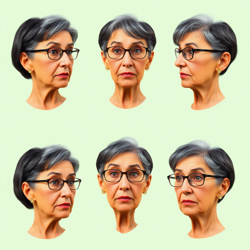 Photorealistic image of six headshots of a 55 Years old, European, Latina, sharp aquiline nose, wrinkles, high cheekbones, Middle Eastern, Skinny, Tanned skin, Dark light skin, full Makeup, jewelry, Sharp nose, frowning, astonished, shocked, dark grey Ash hair, short bowl haircut, Brown eye color, Glasses, with detailed features. Each photo displays the same face in profile and front view, cut out and isolated on a green background. All six heads are visible side by side, empty space around each view, no overlapping.