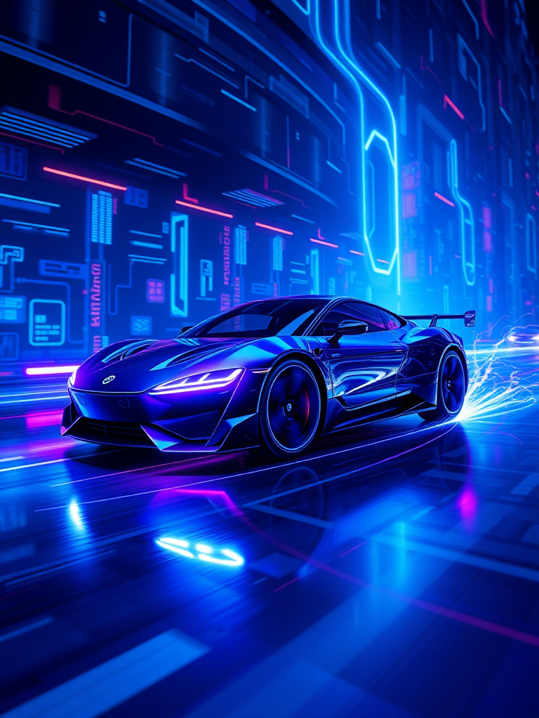 Please render the electric car racing in cyberspace in a realistic 3D manner. Make the background cyber-like and express it with a sense of speed with the "electric sparks". Make the overall color dark blue and draw it with a neon sign feel.