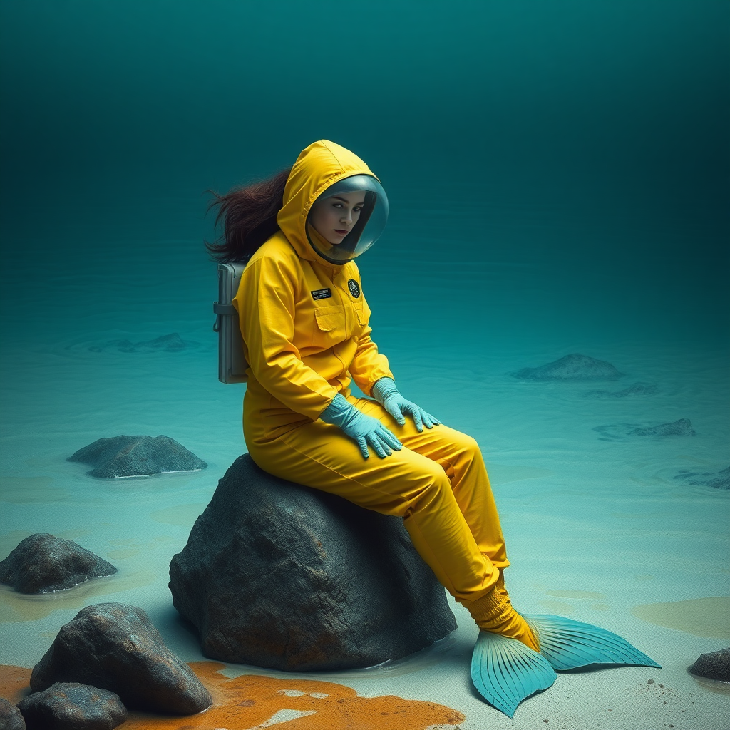 A realistic female mermaid wearing a hazmat suit while sitting on top of a rock on a toxic looking beach. The hair is tucked into the suit and is not showing.