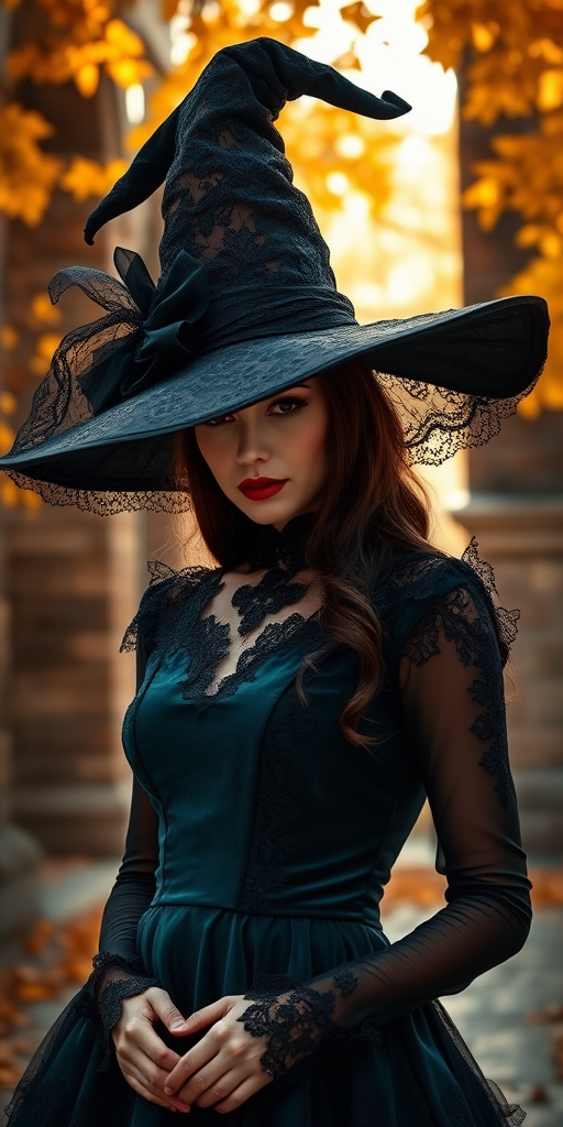 A mysterious scene featuring a woman in a dark, elegant outfit, wearing a large, witch-like hat adorned with intricate lace patterns. The setting suggests an autumn atmosphere, with warm tones of orange and yellow from surrounding foliage. The background includes softly blurred stone architecture, providing a rustic feel. The woman’s dress combines a rich velvet texture in deep teal and black lace elements, blending gothic and fashionable styles. Soft sunlight filters through the trees, creating a dreamy, slightly ethereal ambiance. Capture a hyperrealistic aesthetic, emphasizing the contrasts of light and shadow to enhance the mood.