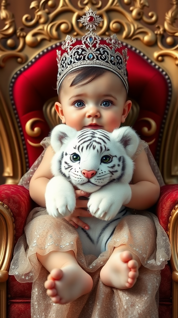 A cute small chubby fair baby big eyes pink lips pink cheeks wearing a royal sparkling frock sitting on throne holding a white fluffy cute tiger