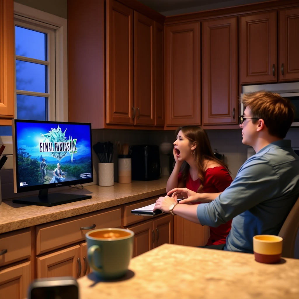 A guy is playing Final Fantasy 14 online in his kitchen. His wife is screaming at him.