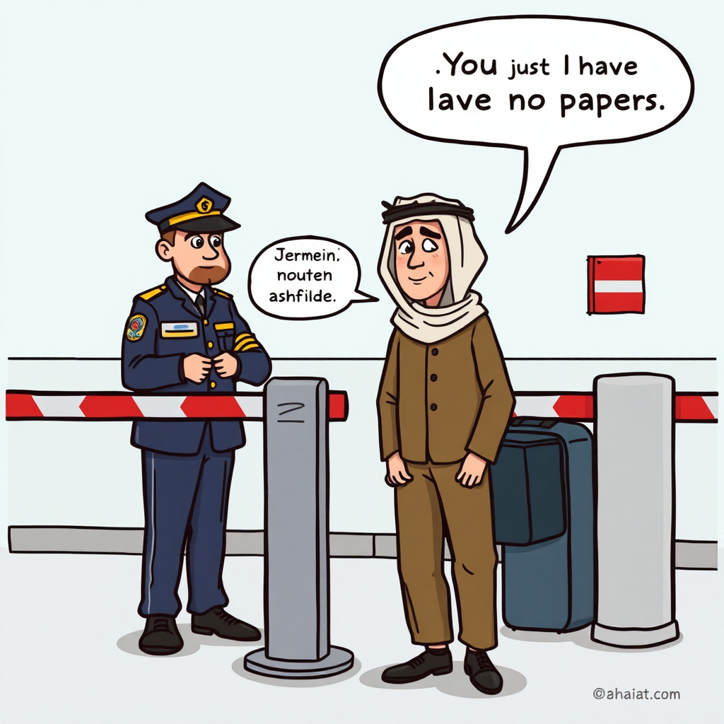 Create a cartoon picture of a German customs officer standing at a lowered barrier. He says in German in a bubble: "Idiot... You just have to say asylum". On the other side of the barrier stands an Arab-looking young man. He says in English in a bubble: "Sorry I have no Papers".