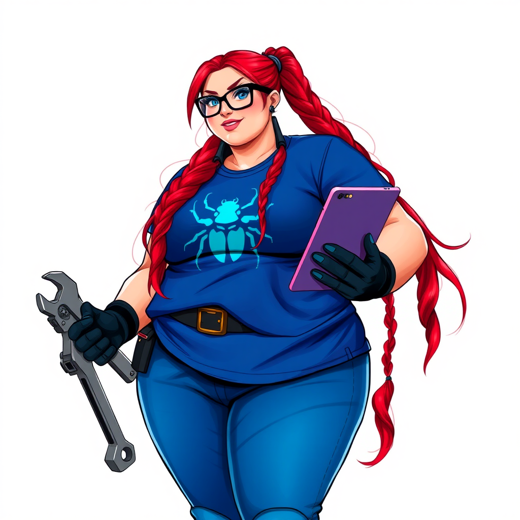 A 28-year-old, full-figured computer hacker and tech wiz girlfriend of a cyberpunk vigilante. Her long ruby-red ponytail, and striking, bright blue eyes make her stand out. Her wrecking ball-sized midsection, sequoia-sized limbs, and broad shoulders define her full figure, which has been heavily pampered by her doting boyfriend. Her nerdiness is blatantly obvious, and she serves as her boyfriend’s tech expert.

As the loyal and supportive sidekick, she plays a crucial role in their missions, using her digital and technological prowess to assist and protect. She wears an oversized maximum blue t-shirt adorned with a maximum turquoise beetle chest icon, black oversized eyeglasses, matching maximum blue biker pants, and black high-tech gloves. She beams with a neon red blush, holding a futuristic wrench and a digital holographic tablet. She is on a solid white background. She is drawn as if she was in a retro 2D cyberpunk fighting game. Her proportions are bloated to emphasize her figure.