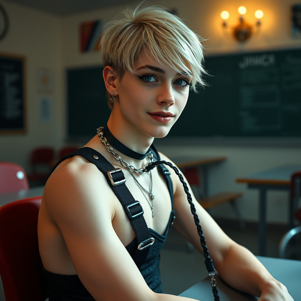 photorealistic, ultra high resolution, 16K, surreal fantasy, studio lighting, a pretty 16 year old goth boy, slim male physique, short blonde hair, goth makeup, earrings, pantyhose, harness, spikey dog collar and leash, trainer-bra, white ballet shoes, sitting in the classroom, excited smile, facing the camera.