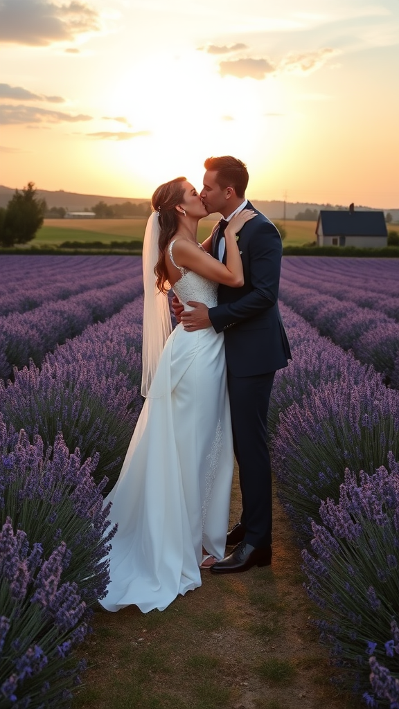 Bride and groom elegantly dressed, she in high-heeled shoes and he in patent leather shoes, he kisses the bride, in the background a large field of lavender, a farmhouse in the background, sky at sunset with sun and clouds.