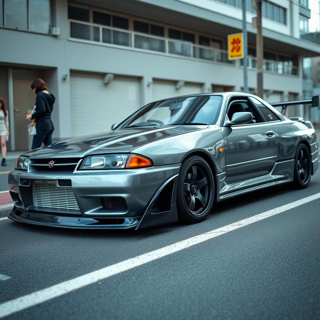 The car is parked on the side of the road, inspired by Taiyō Matsumoto, tumblr, restomod, nd4, c4 metallic shine gray black nissan skyline r34 tokyo cosplay women background flawless fully complete detailed overall realistic details best photo pose