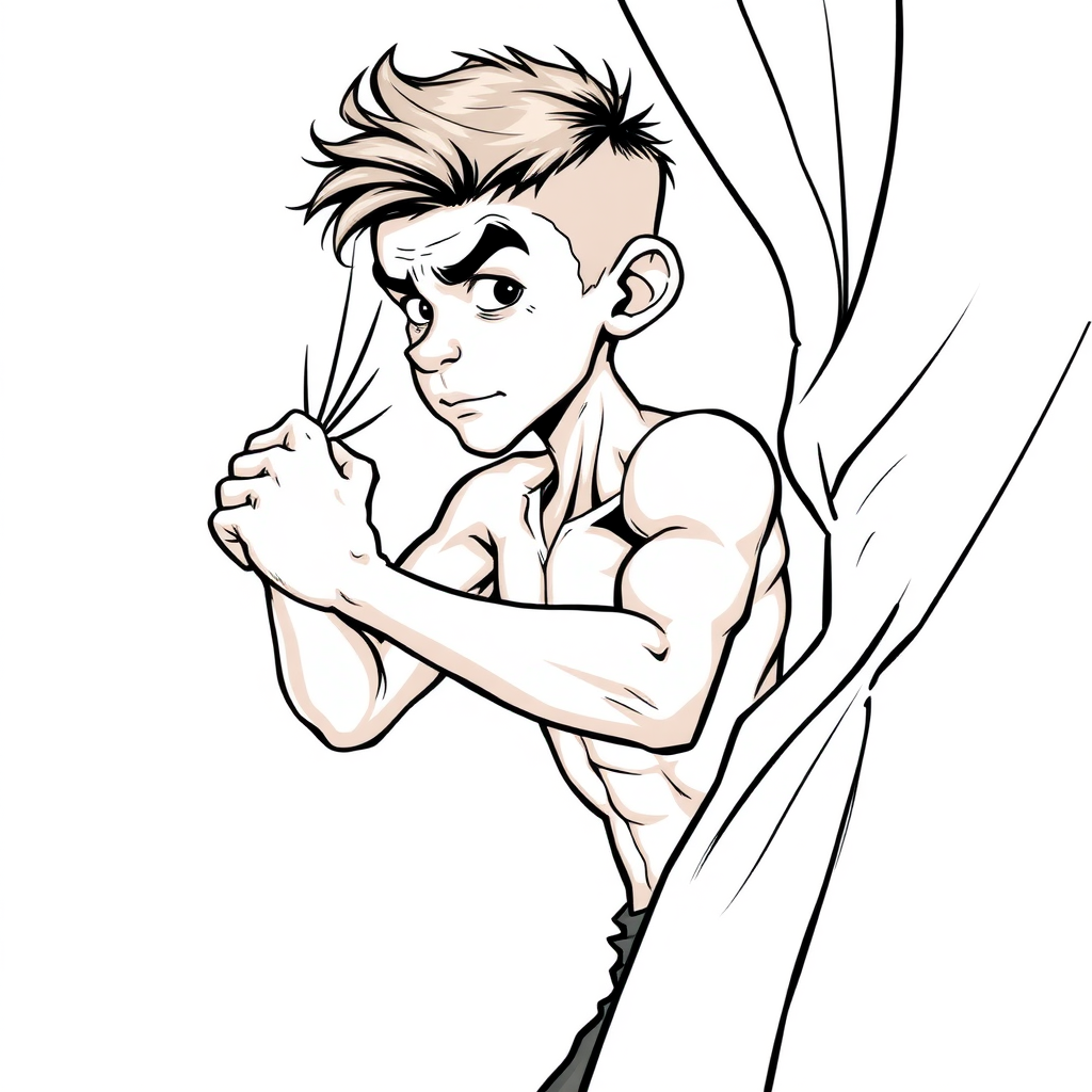 short 15 year old european skinny boy, punching through cloth, tense fabric, massive bulge, side view, 2D, caricature, cartoon, Sketch lines, coloring book, coloring book style on white background, well composed, clean coloring book page, No dither, no gradient, strong outline, No fill, No solids, vector illustration, realistic proportions