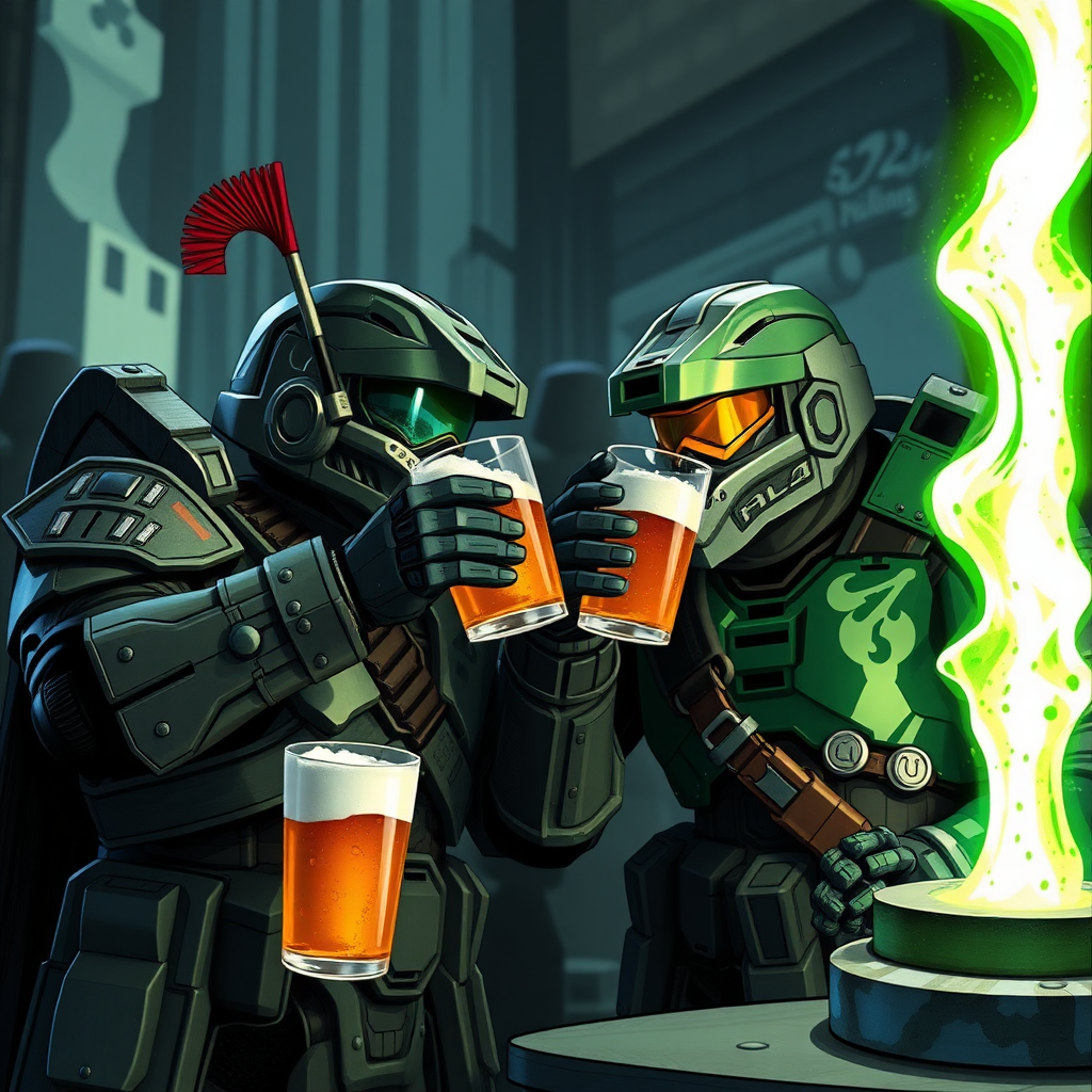 arbiter and master chief from halo chugging a beer