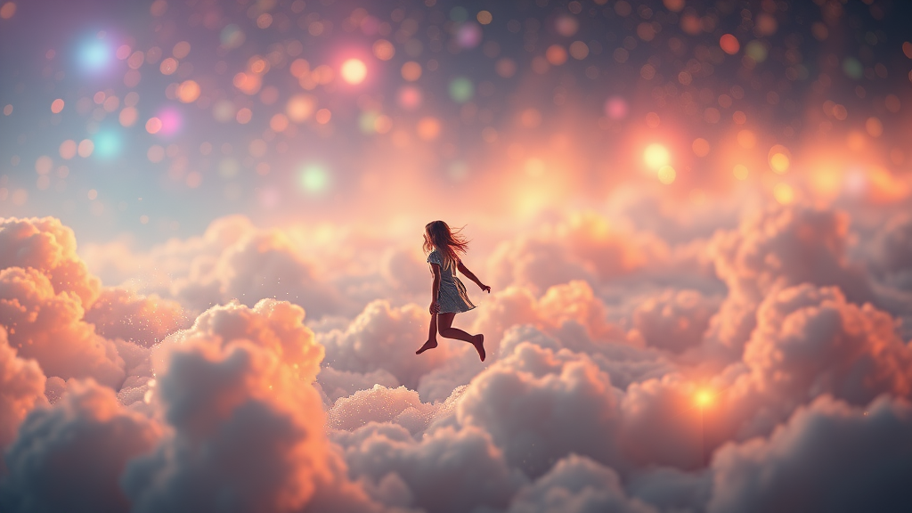 mandelbulb clouds, microscopy, Low Key Lighting, dreamscape, nebula, Bokeh, abstract, brilliant colors, glittering, translucent, iridescent, glowing, artistic photo, panoramic, airy, original, experimental, fractal, generative art, calm, preteen girl floating in the distance, cinematic shot